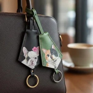 Hand-painted pet leather bag charm keychain featuring cute cat and dog designs, detailed accessory.
