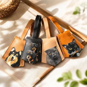Personalized Leather Dog Cat Painted Luggage Tag Hand Painted Animal Bag Charm Cute Key Ring Pendant Car Hanging Accessory