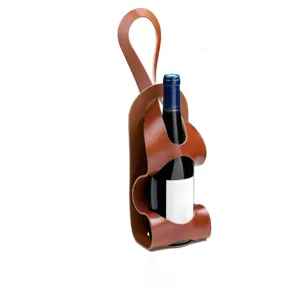 Brown PU leather wine bottle carrier bag, outdoor bicycle hanging wine storage sleeve accessory.