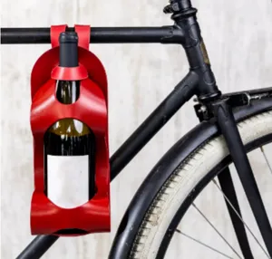 PU leather bike wine bottle holder, red portable outdoor hanging wine bag for bicycle frame.