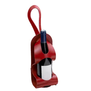 Red PU leather wine bottle carrier sleeve outdoor portable hanging champagne storage bag detail