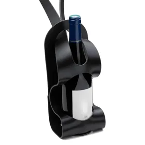 Detail shot of the black PU leather wine bottle holder, showing fine stitching and durable straps.