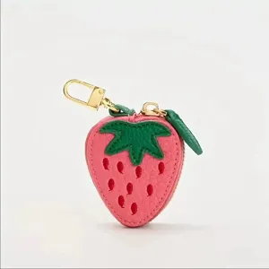 Cute strawberry shape PU leather coin purse with gold keychain zipper pendant for women.