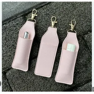 Portable PU leather lipstick holder with keychain pink mini cosmetic bag for travel daily use