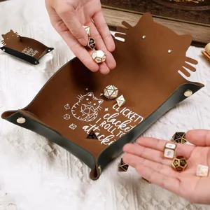 Cute cat folding leather dice tray for tabletop gaming storage and rolling dice safely.