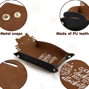 Cute cat shape PU leather dice rolling tray foldable desktop storage organizer detail view