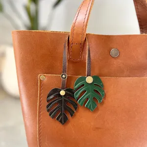 Monstera leaf PU leather bag charm bohemian style keychain vintage car accessory detail
