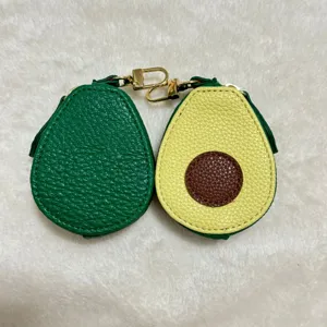 Cute avocado PU leather coin purse with gold hardware hook, portable earphone storage bag.