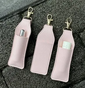 Pink PU leather lipstick case with keychain portable mini perfume pouch bag pendant holder