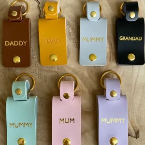 PU leather keychain custom family title key ring gold hardware gift keyring detail display