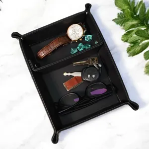 PU leather valet tray desktop organizer with divider for entryway keys watch storage.