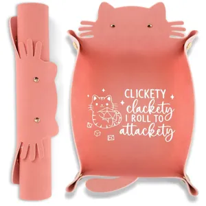 Foldable leather dice tray with cute cat design, portable gaming storage organizer for tabletop.