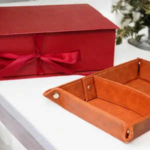 PU leather desk organizer valet tray with snap buttons for office and home storage use.