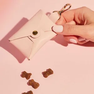 Rosa Leder Leckerlibeutel Detail mit goldenem Schlüsselring und Druckknopf für Hundetraining.