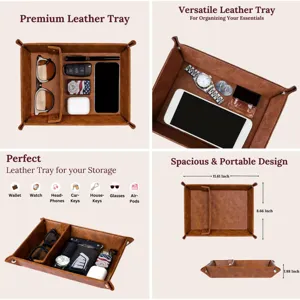 PU leather valet tray detail view showing desk organizer features, dimensions and compartments.
