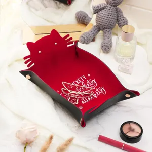 Cute cat shaped folding leather storage tray and desktop organizer for small items