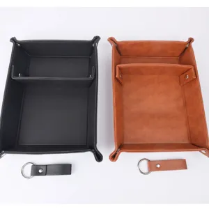 Modern Minimalist PU Leather Desktop Storage Valet Tray Foldable Compartment Key Organizer Box For Hallway Table Home Office