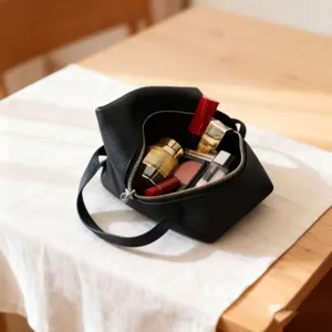 Detalle de bolsa cosmetica de cuero PU negro que muestra almacenamiento interior de productos.