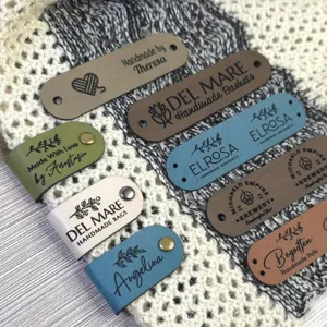 Custom leather labels for handmade crochet knit items, personalized PU tags with rivets.