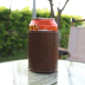 Copridanetta in pelle PU marrone per lattine di bevande standard e birra all'aperto.