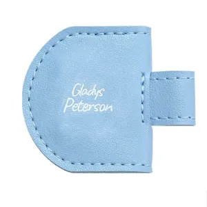 Customizable PU leather magnetic bookmark pen holder detail view, soft blue clip for reading.