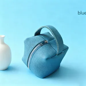 Lindo bolso cosmético de cuero PU azul bolsa de almacenamiento geométrica portátil