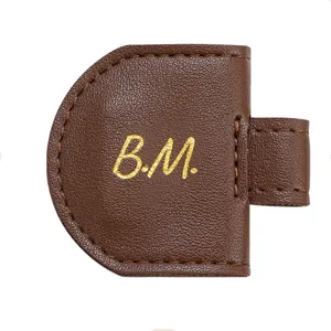 Brown PU leather magnetic bookmark pen holder, custom initials, cute office stationery gift.
