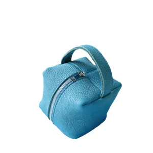 Bolso cosmético de cuero PU azul mini bolso de mano bolsa de almacenamiento cuadrada