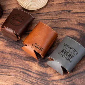 Custodia in pelle PU per lattina di birra personalizzata incisa regalo testimone portabottiglie.