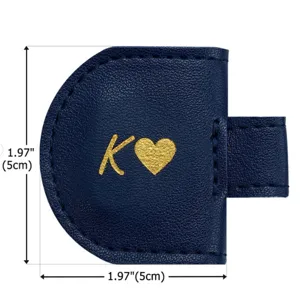 Custom PU leather magnetic bookmark pen holder, navy blue with gold K letter and heart.