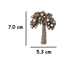 Broche palmier perle champagne vintage avec strass colorés, accessoire élégant pour manteau.
