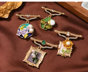 Vintage Barock Emaille Perlen Brosche Set, goldene Hofstil Blumen Anstecknadeln für Damen.