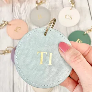 PU leather round keychain personalized custom initial letter key ring charm holder