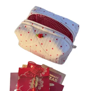 Korean style quilted heart cosmetic bag, portable large capacity zipper toiletry pouch.