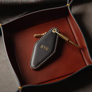 PU leather diamond keychain with brass ring, custom initial embossed hotel key fob for car keys.