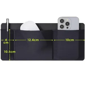 Portable laptop adhesive storage bag detail view, elastic mouse pocket and pen holder accessory.