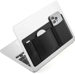 Portable laptop adhesive storage pouch, elastic pocket for mouse, phone, and pen accessories.