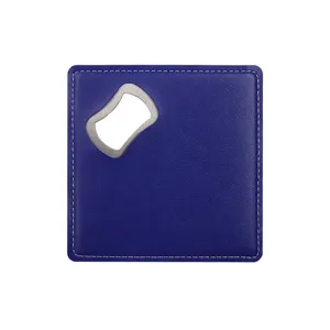 Blauer quadratischer Leder Edelstahl Flaschenöffner und Untersetzer Detailansicht