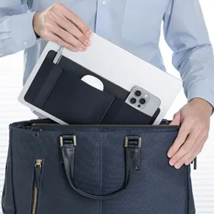 Portable laptop adhesive storage pouch with elastic bands for mouse, pen, and phone accessories.