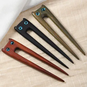 Bâton à Cheveux en Bois de Santal Chat Vintage Style Néo Chinois Double Broches Épingle à Cheveux Ancien Hanfu Coiffure Décoratif Pour Femmes