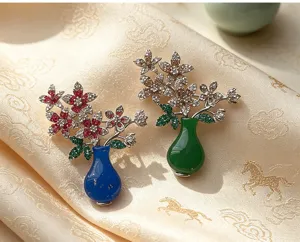 Elegant Chinese style vase brooch set featuring sparkling crystal flowers and jade-like finish.