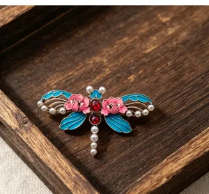 Broche libellule émail style chinois exquis détail, épingle rétro pour hanfu et cheongsam.