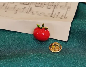 Cute red tomato enamel brooch pin, gold-toned metal collar badge for women fashion apparel.