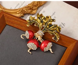 Broche fruta caqui esmaltada vintage elegante cristal strass planta corsé joyería para abrigo de mujer