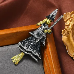 Retro Rhinestone Witch Riding Broom Brooch Halloween Party Crystal Corsage Pin Gift For Women
