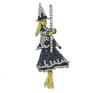 Vintage black rhinestone witch broom brooch pin for Halloween spooky costume festival party gift.