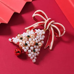 Christmas brooch pearl bow red bell festive holiday gift clothing accessory jewelry pins