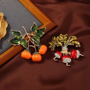 Broche Colgante Vintage Esmalte Fruta Caqui Rábano Para Mujeres Hombres Aleación de Zinc Strass Verdura Corsage Pin Joyería