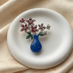 Exquisite retro blue vase brooch featuring sparkling rhinestones, ideal for Chinese Hanfu styling.