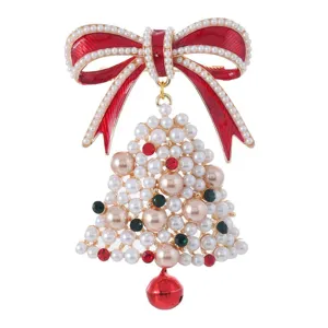 Christmas pearl bow bell brooch elegant rhinestone enamel lapel pin holiday gift jewelry